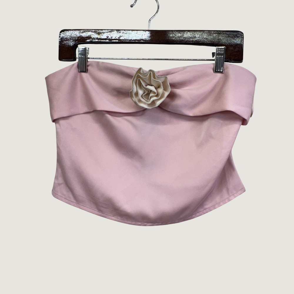 Motel Astrum Bandeau Satin Top M Pink Ivory Rosette Coquette Romantic Aesthetic
